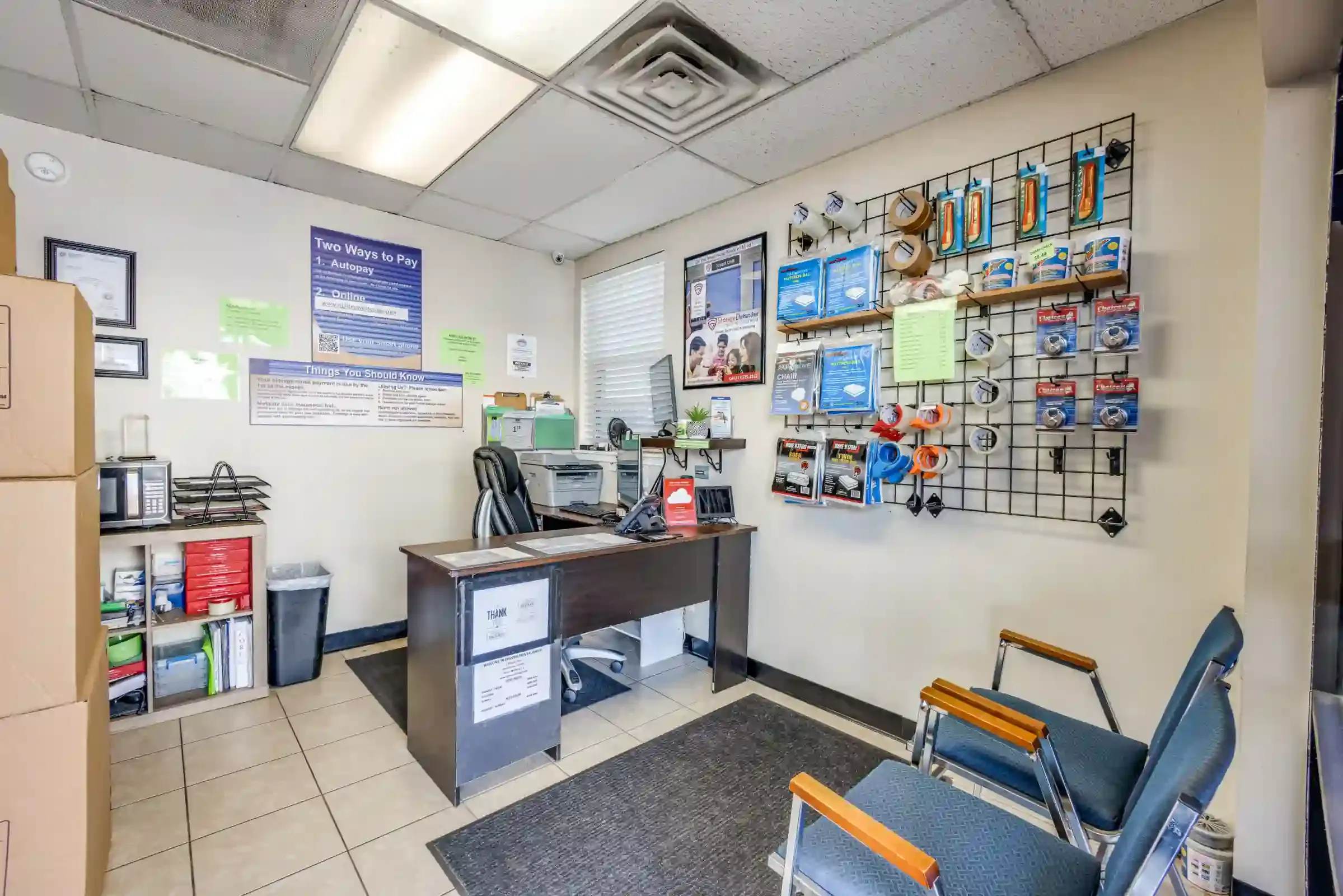 inside a storage facility lobby with packing tools