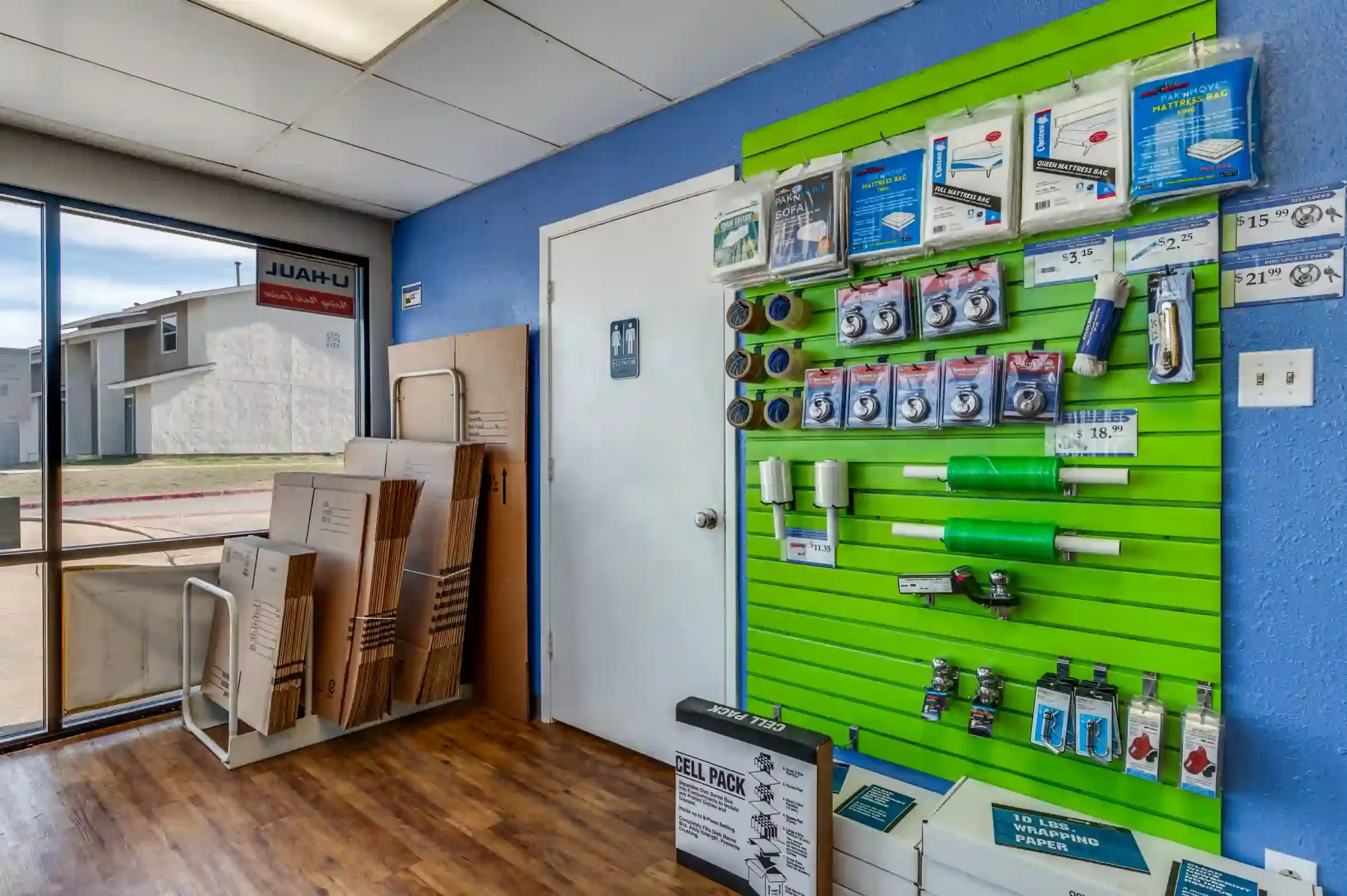 storage facility lobby area with packing supplies