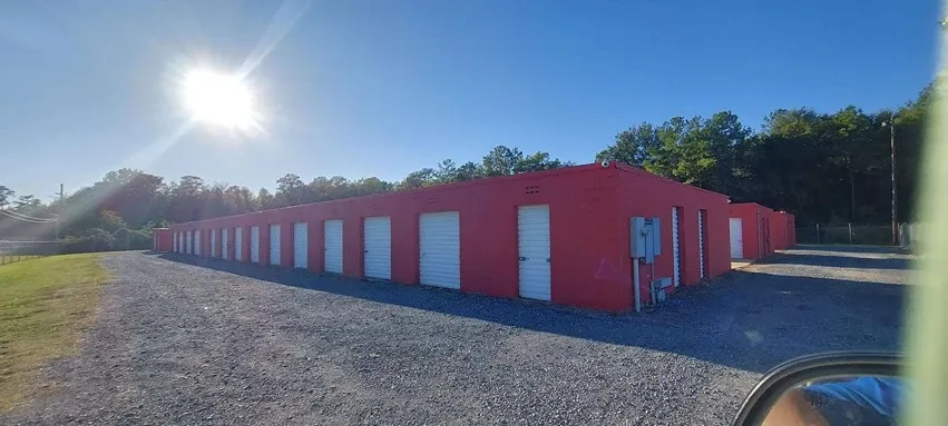 row of self storage units with drive up