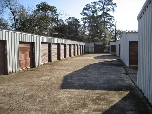 row of self storage units with drive up