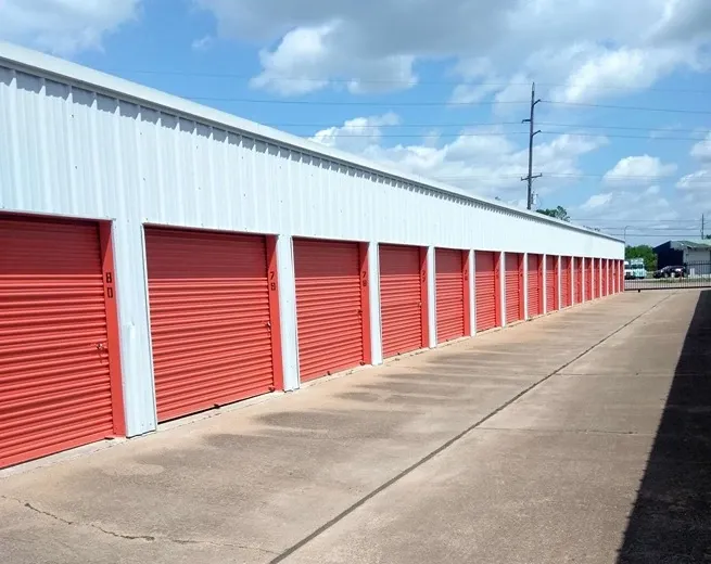 row of self storage units with drive up