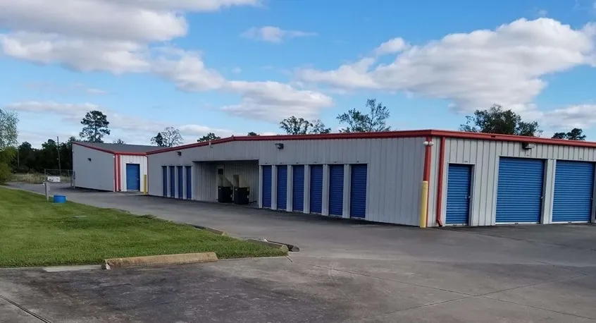 row of self storage units with drive up