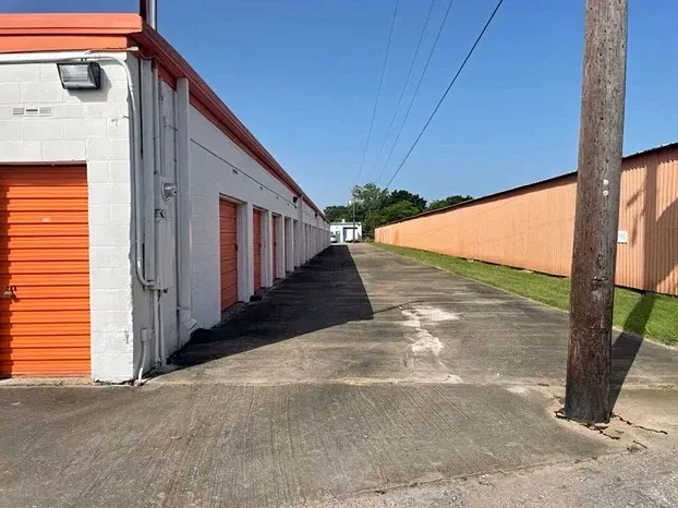 row of self storage units with drive up